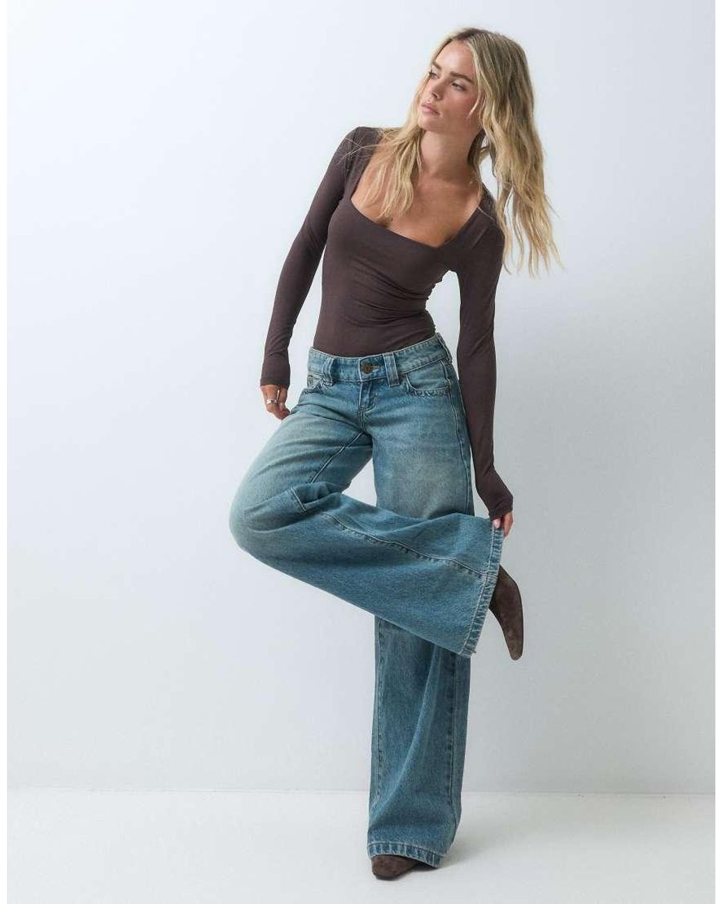 New Look Blue Slinky Long Sleeve Square Neck Bodysuit