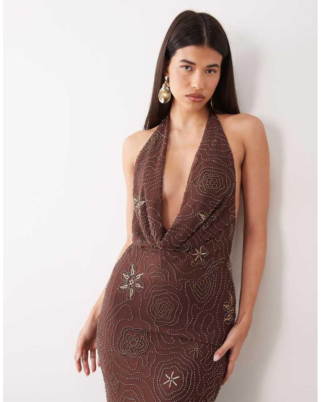 TFNC London Brown Beaded Sequin Cowl Neck Maxi Dress