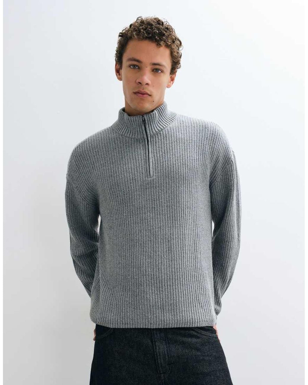 Hollister Gray Knitted 1/4 Zip Ribbed Jumper for men