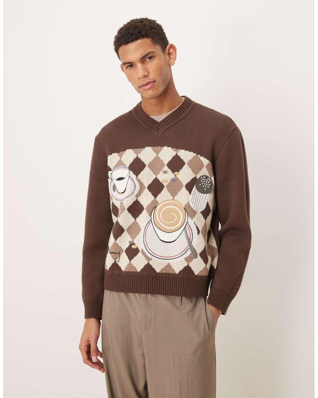 House Of Sunny Brown Daily Grind Jacquard Knit V-neck Jumper for men