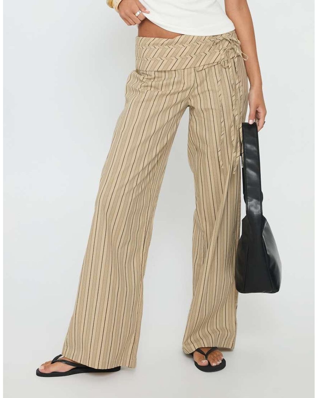 Princess Polly Natural Seneca Cotton Wrap Tie Waist Detail Wide Leg Trousers