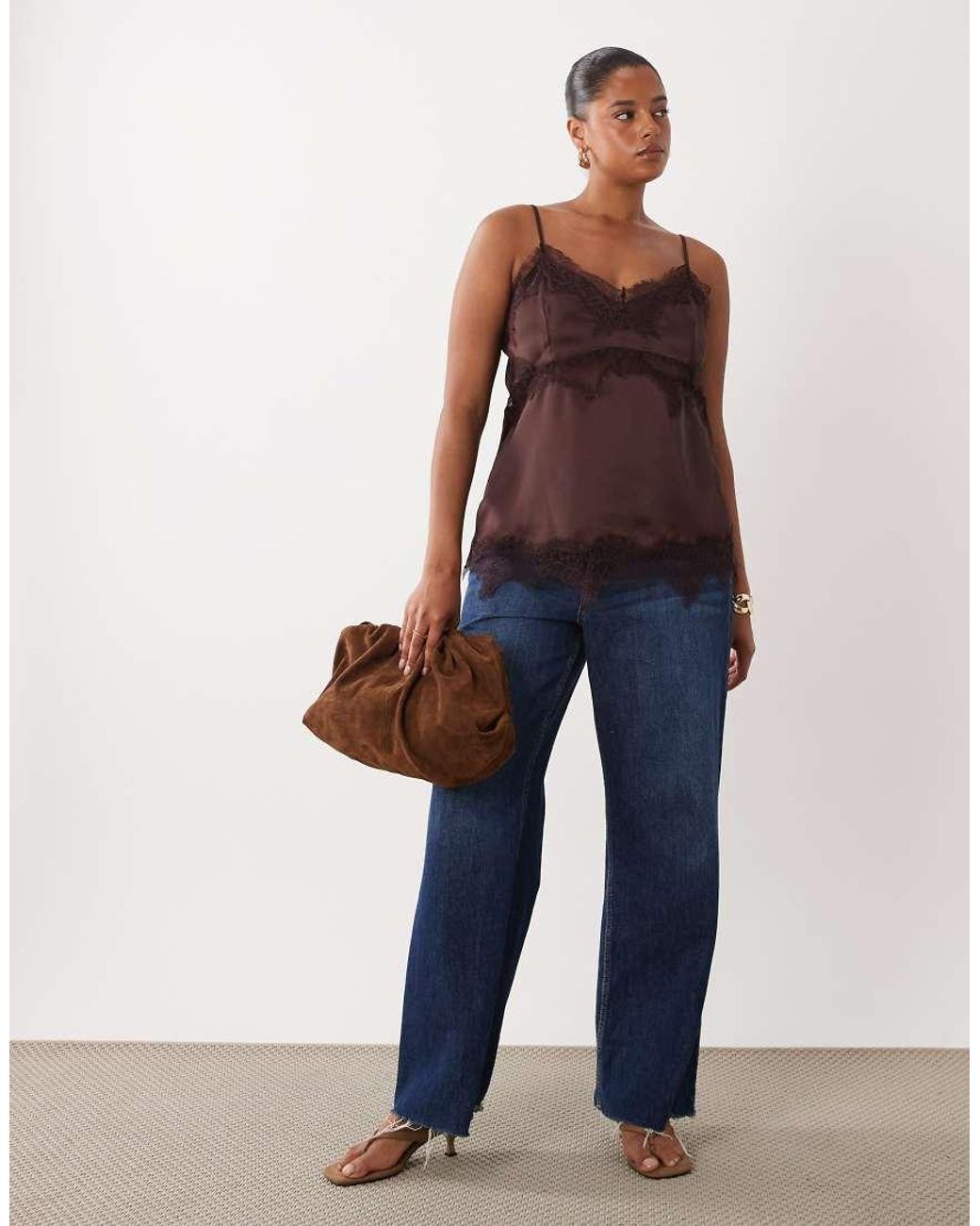 ASOS Brown Asos Design Curve Satin Lace Trim Long Line Satin Cami Top