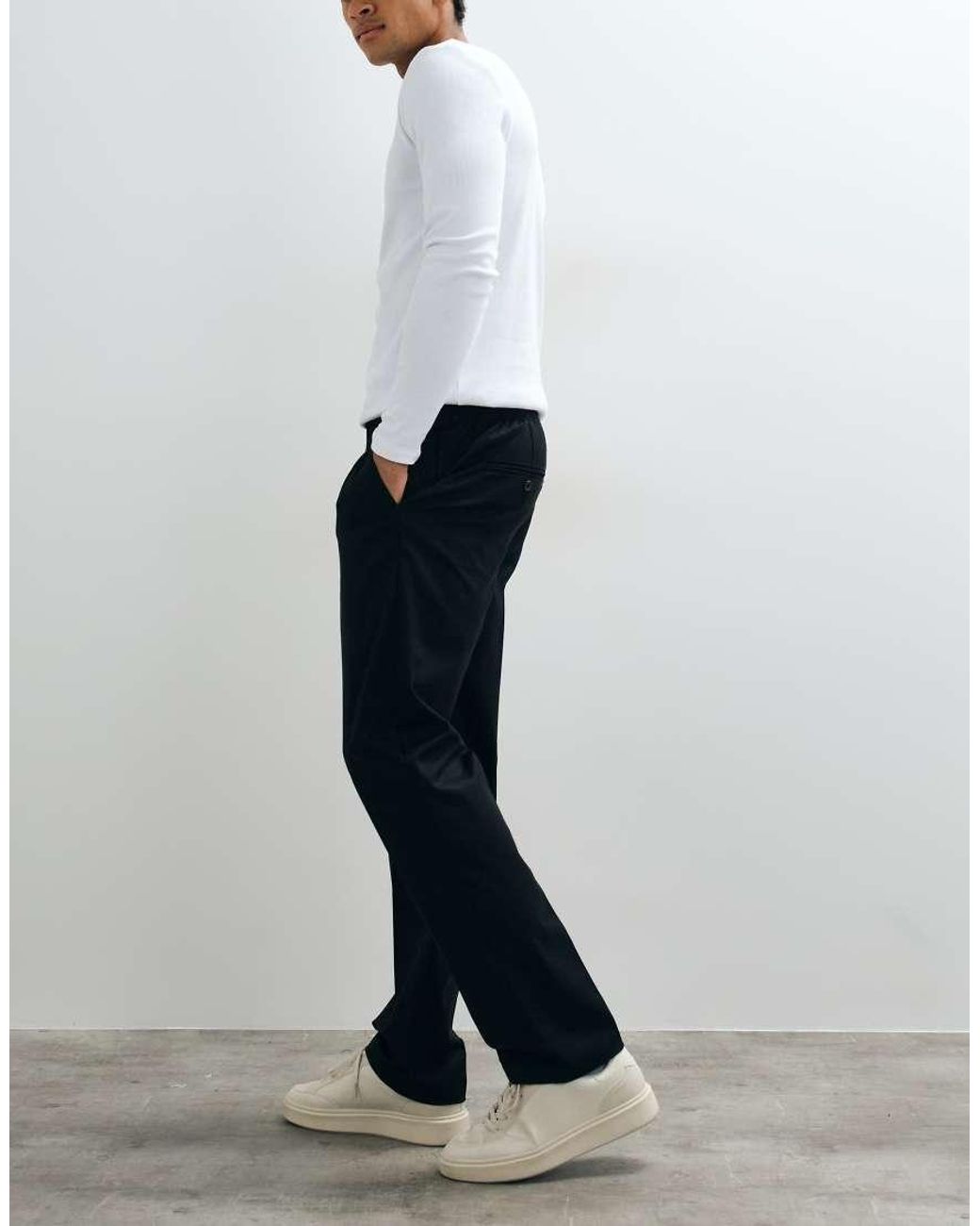 Threadbare White Drawstring Waist Straight Leg Trousers With Pleat for men