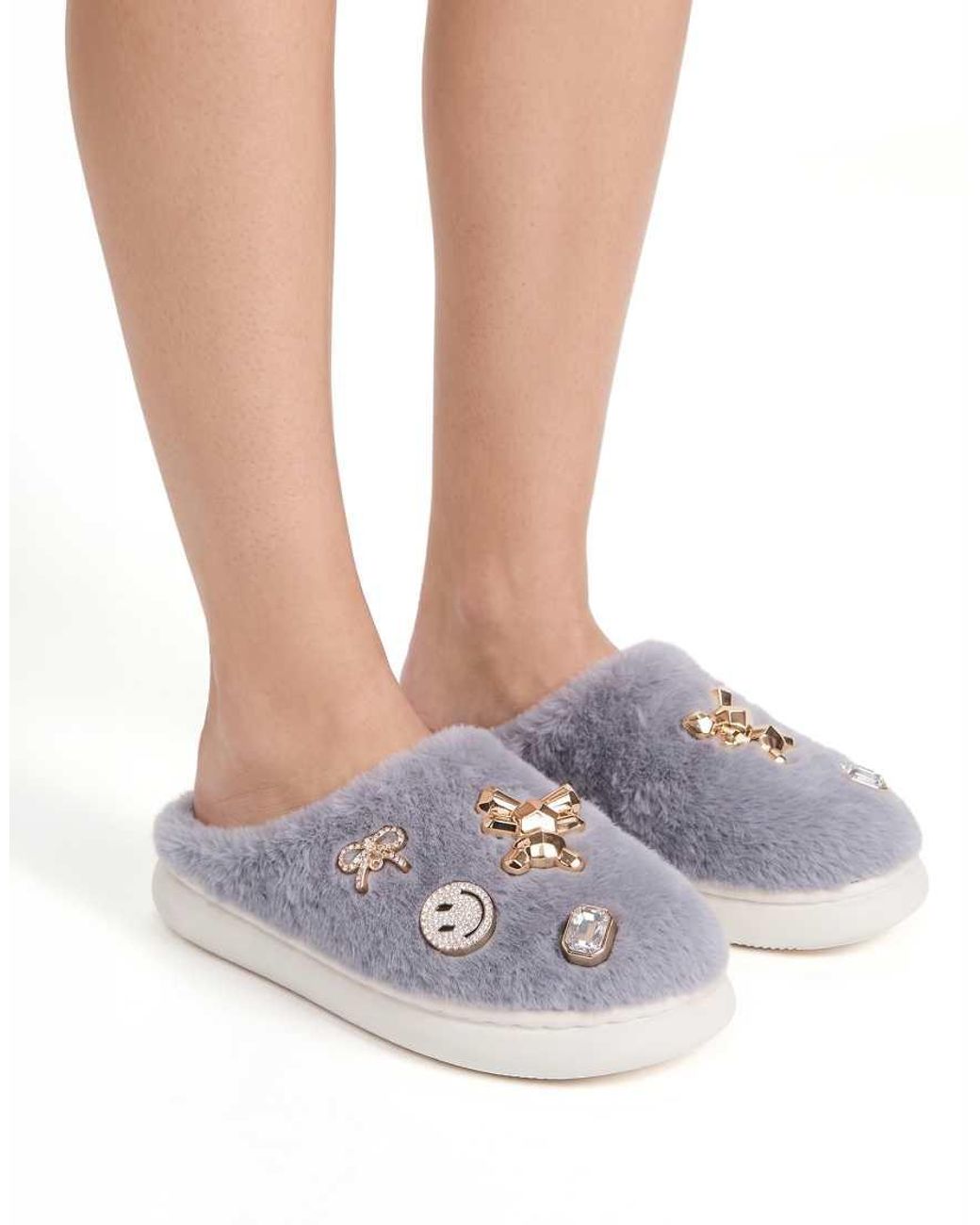 SEQWL Gray Fluffy Mule Slippers Warm Slip Ons With Charm Details