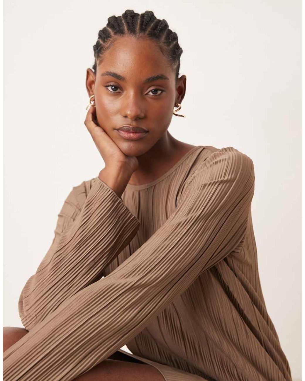 JDY Tall Brown Plisse Flute Sleeves Mini Dress