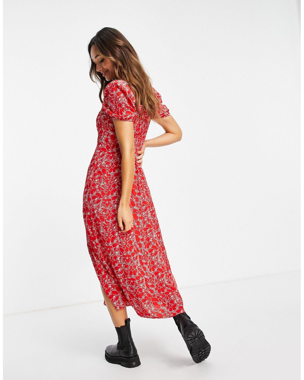 Other Stories Ruched Front Floral Print Midi Dress in Red Lyst
