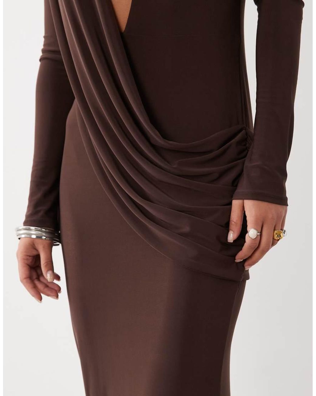 ASOS White Shoulder Pad Slinky Maxi Dress With Sweeping Drape Detail