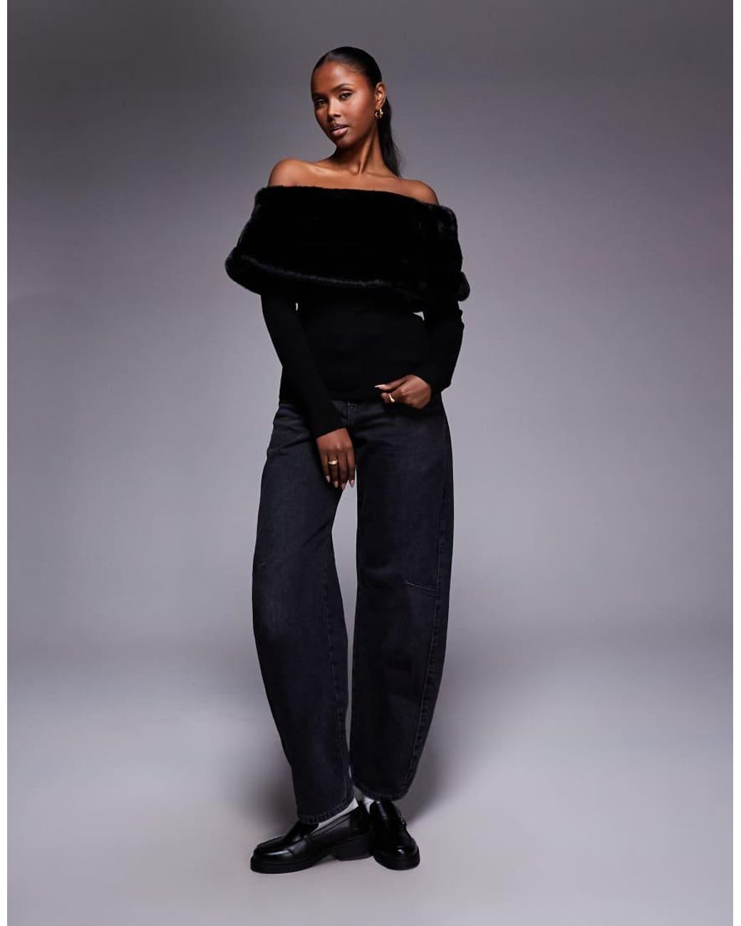 River Island Black Faux Fur Trim Bardot Jumper