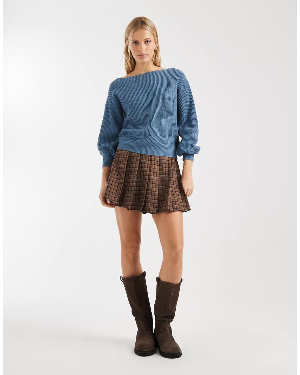 Threadbare Blue Knitted Boat Neck Jumper With Baloon Sleeve