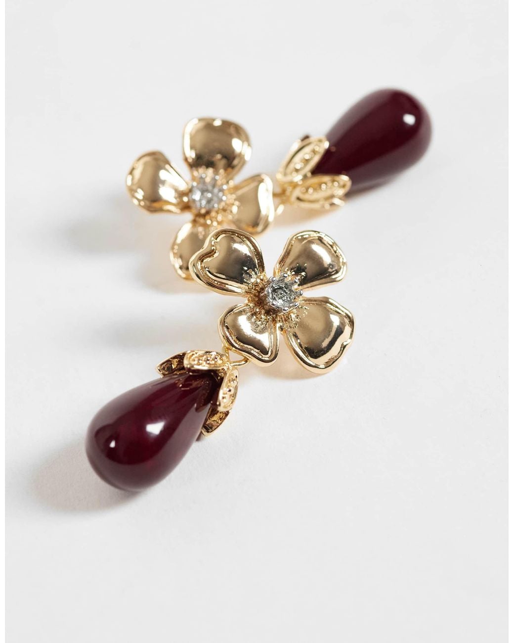 Reclaimed Vintage Flower Stud Earrings With Burgundy Drop-red in ...