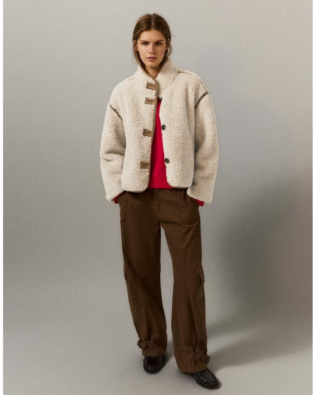 Pull&Bear Natural Faux Shearling High Neck Jacket