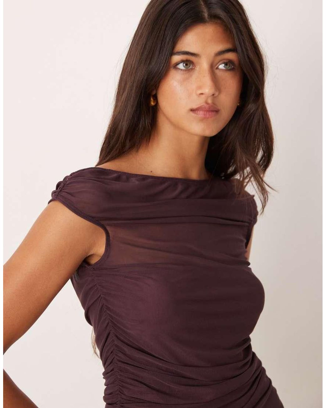ASOS Purple Gathe Short Sleeve Off Shoulder Mesh Top