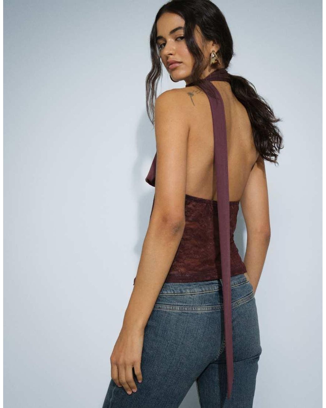 Gina Tricot Brown Lace Plunge Top With Scarf