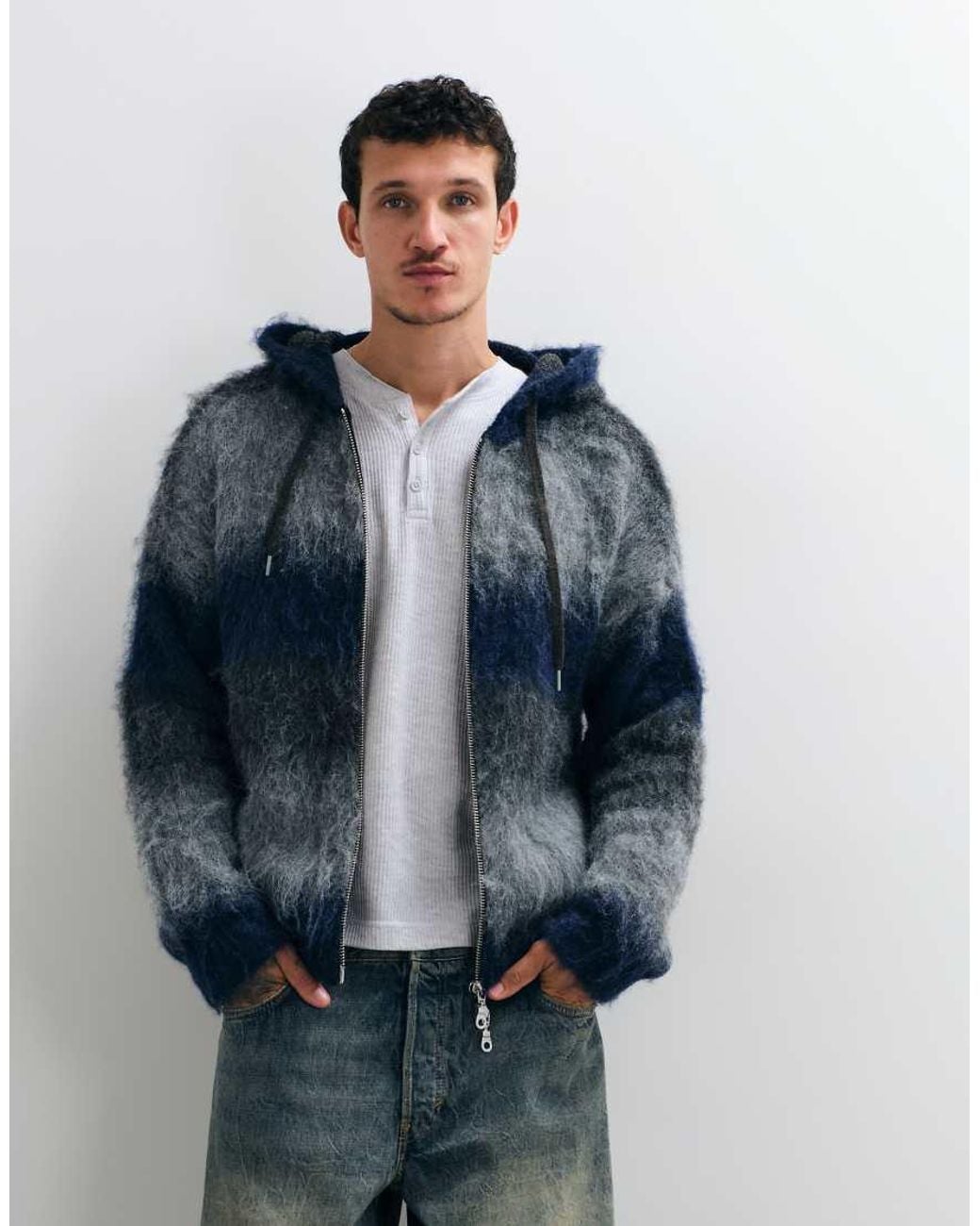 The Ragged Priest Blue Zip Through Fuzzy Gradient Hoodie Knit for men