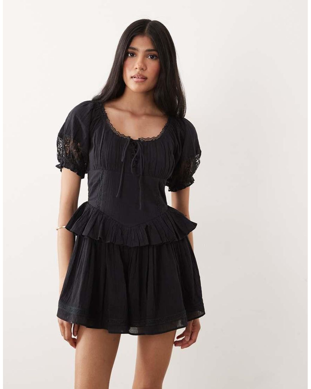 Miss Selfridge Natural Cheesecloth Lace Detail Milkmaid Playsuit
