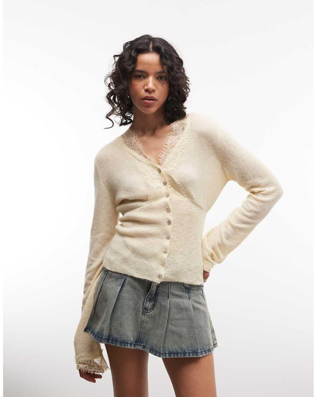 Reclaimed Vintage Natural Lace Trim Cardigan