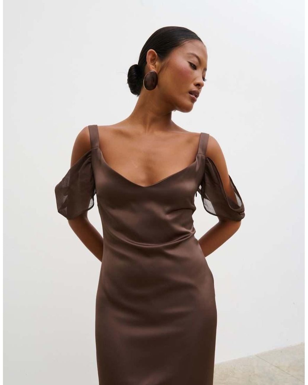 pretty lavish brown satin dress Pretty Lavish asymmetric cowl satin midaxi slip dress in mocha