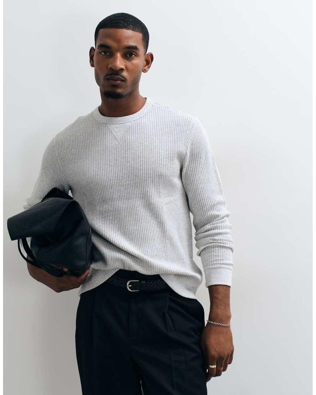 Abercrombie & Fitch White Waffle Crew Neck Long Sleeve Top for men