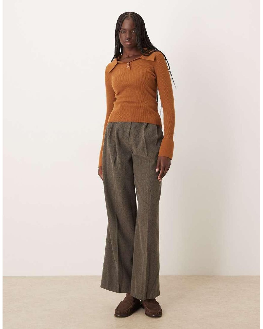 Mango Brown Polo Top With Flared Sleeves