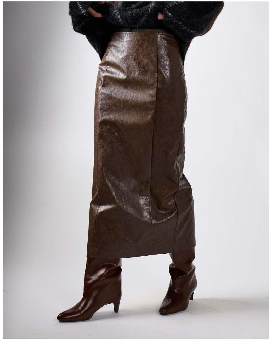 NARRATED Brown Faux Leather Maxi Skirt