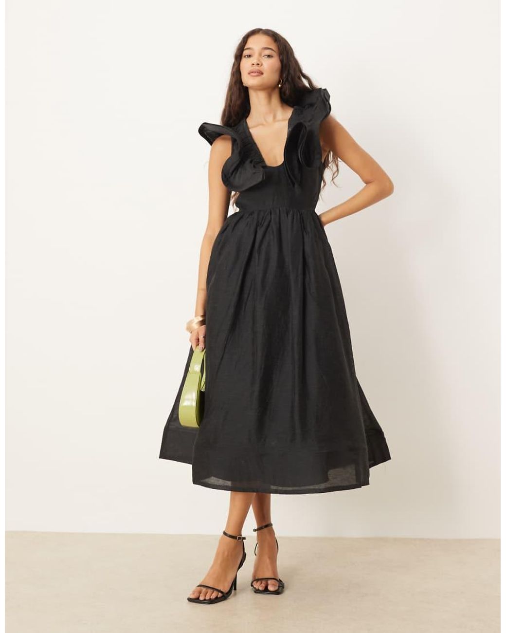 True Decadence Black Ruffle Neck Midi Dress