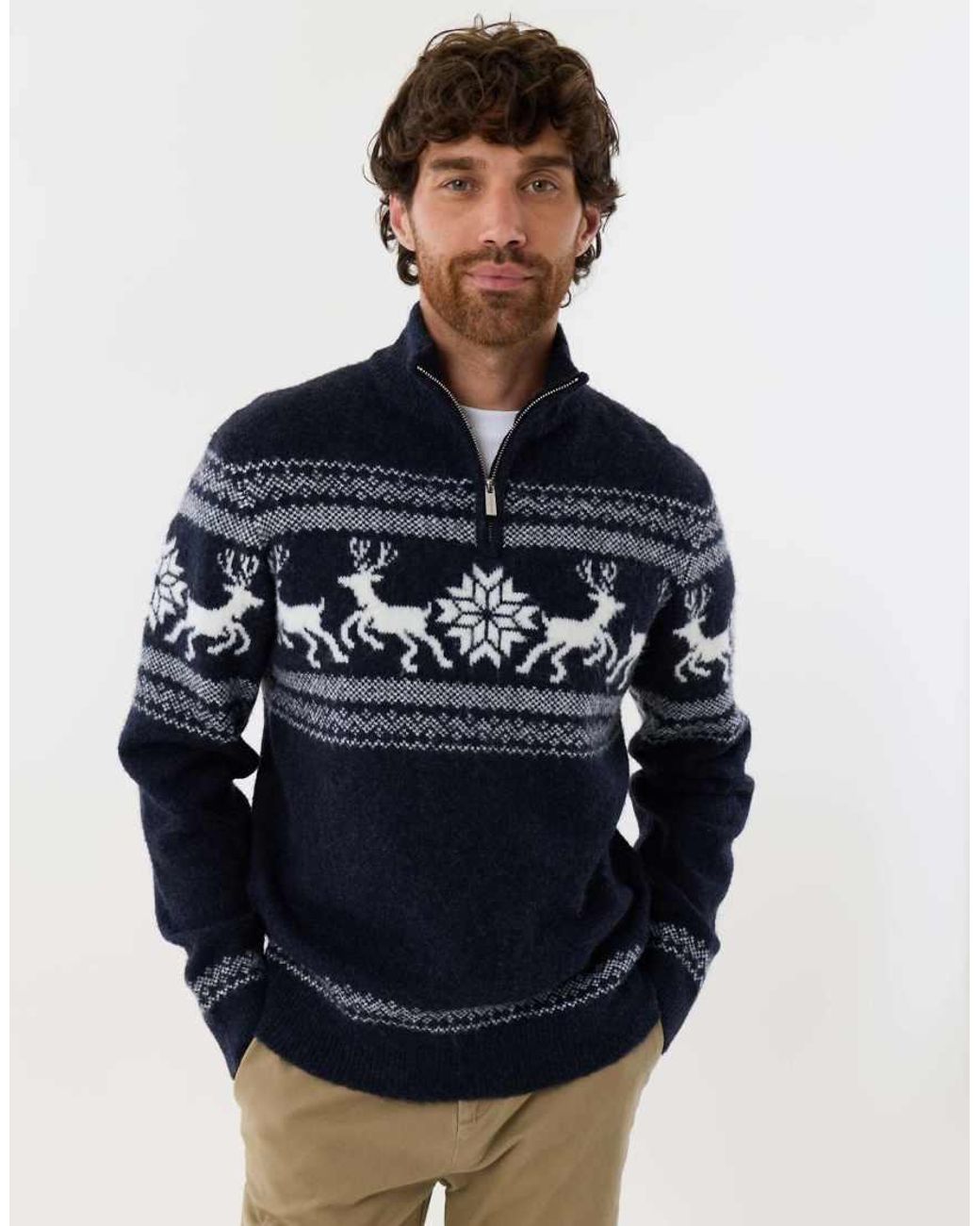 Threadbare Blue Fairisle Knitted Quarter Zip Christmas Jumper for men