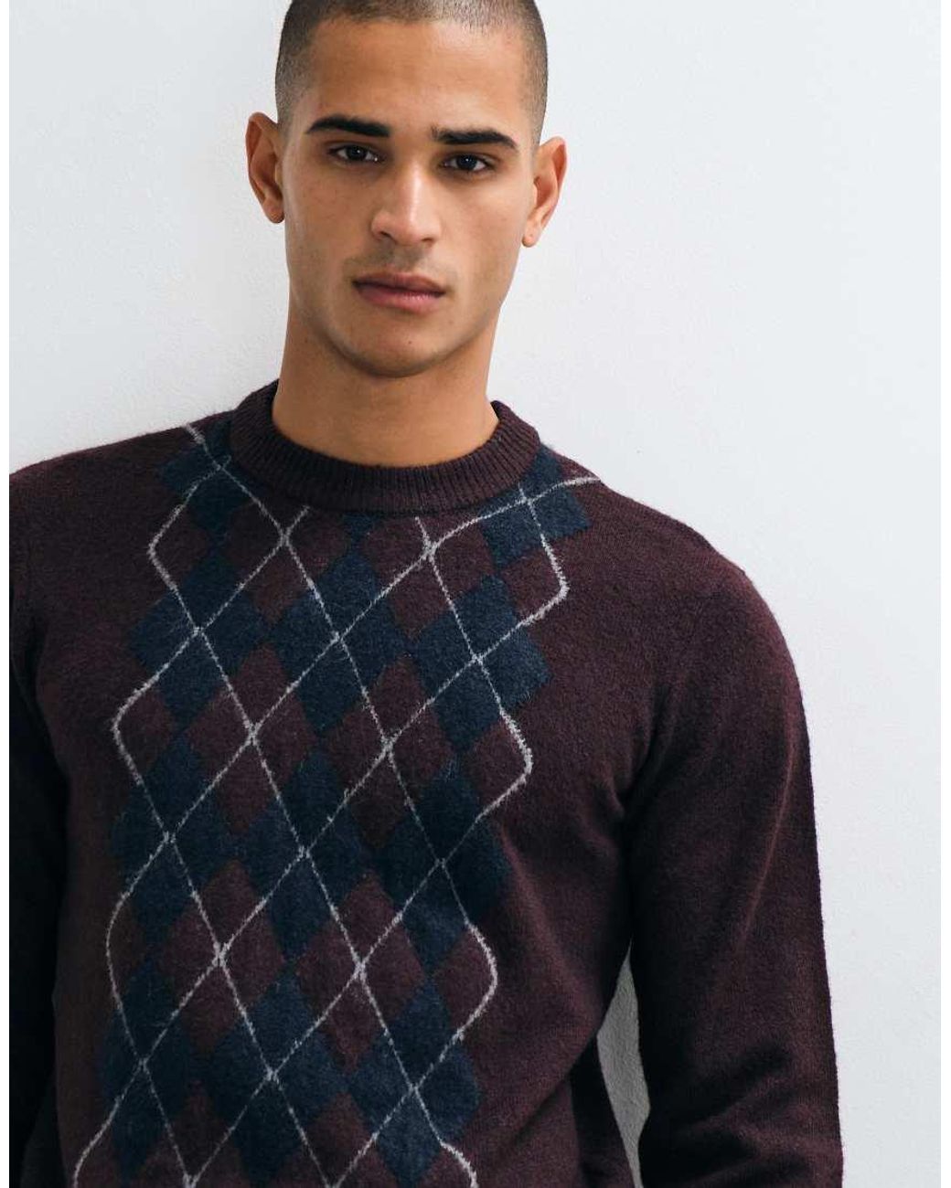 Threadbare Blue Argyle Knitted Crew Neck Jumper for men
