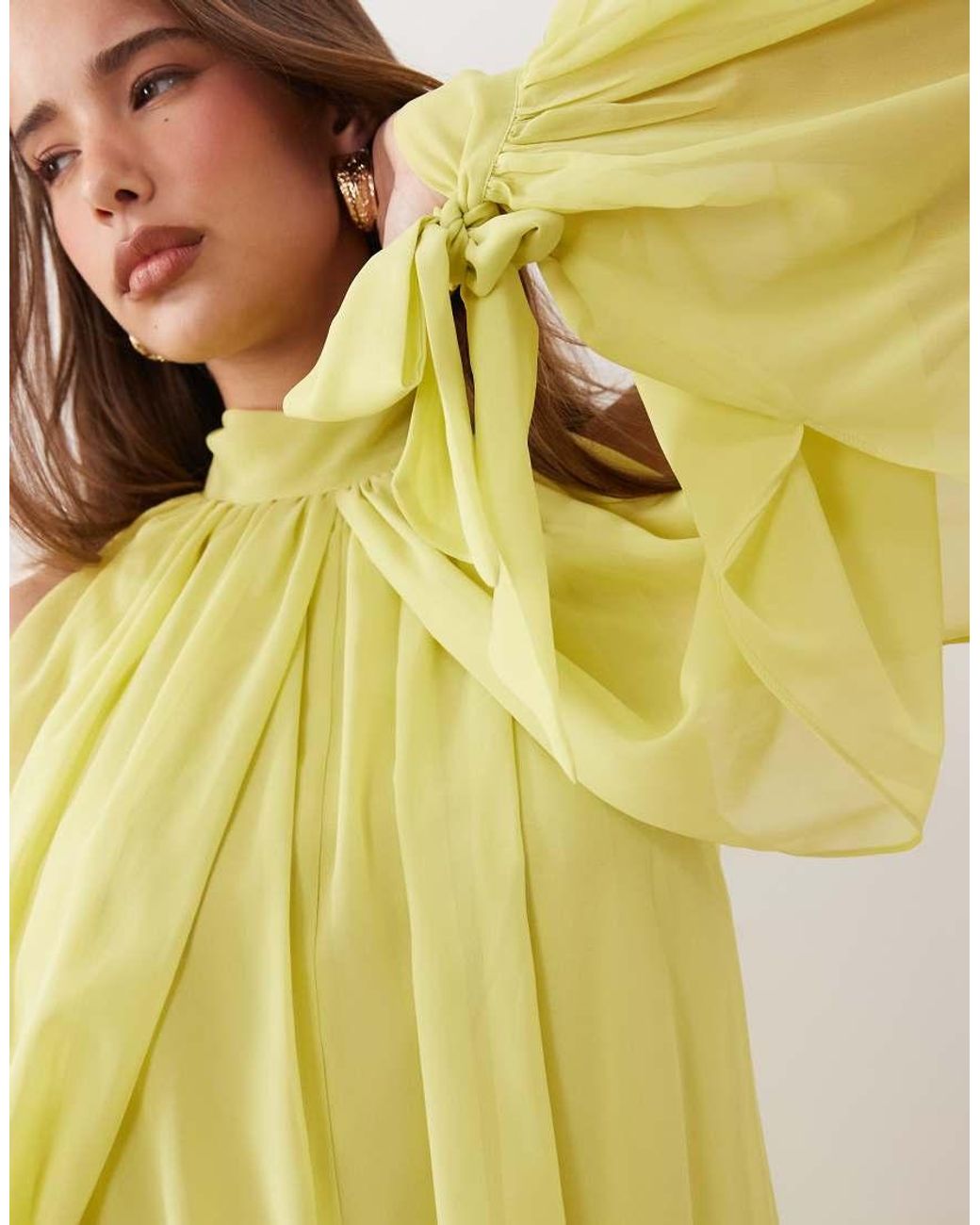 ASOS Yellow High Neck Chiffon Mini Dress With Open Sleeve