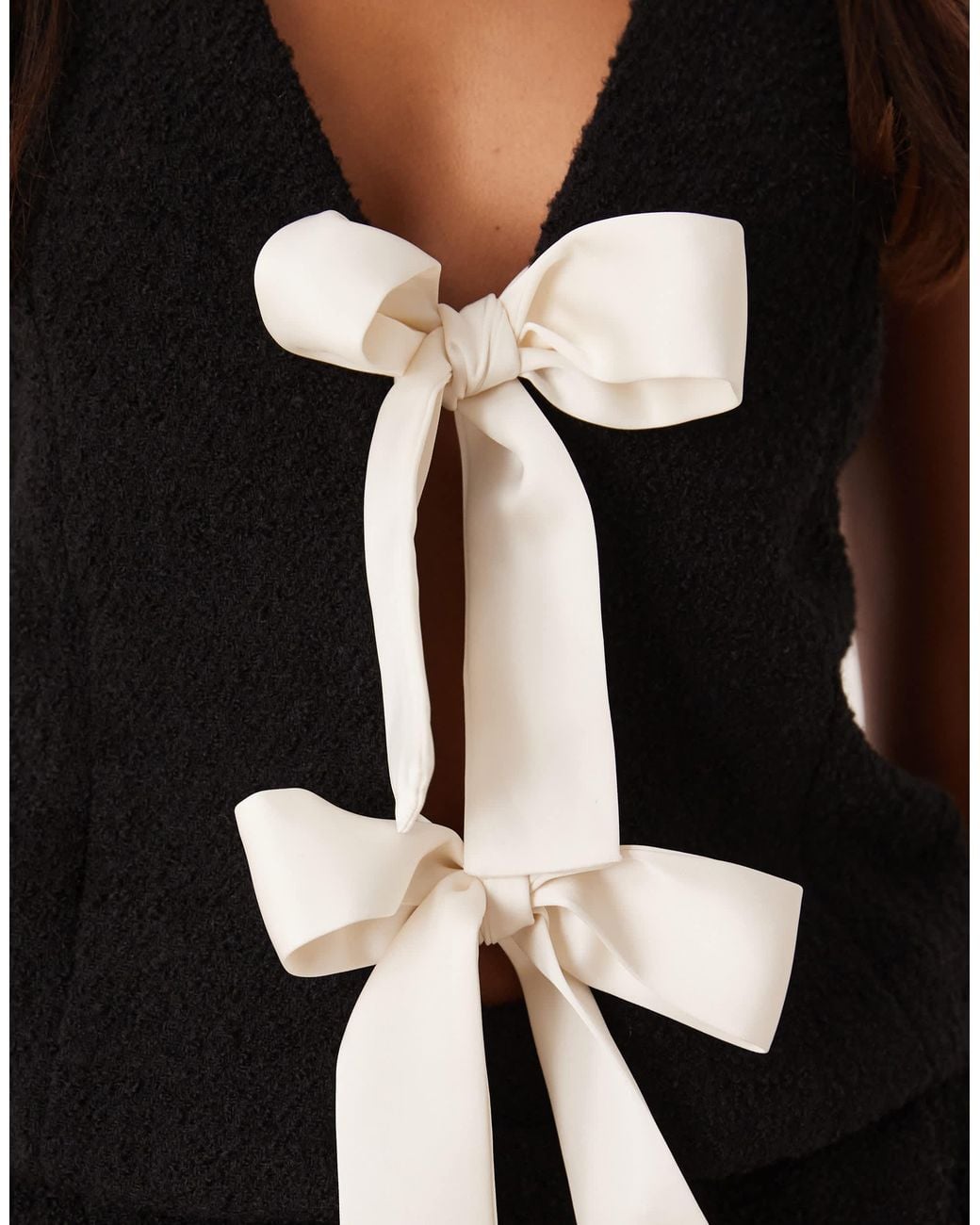 For Love & Lemons Black Boucle Bow Front Singlet