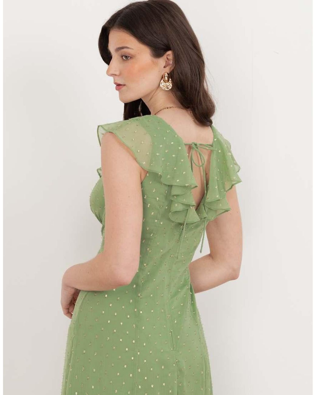 ANAYA Green V Neck Ruffle Midaxi Dress