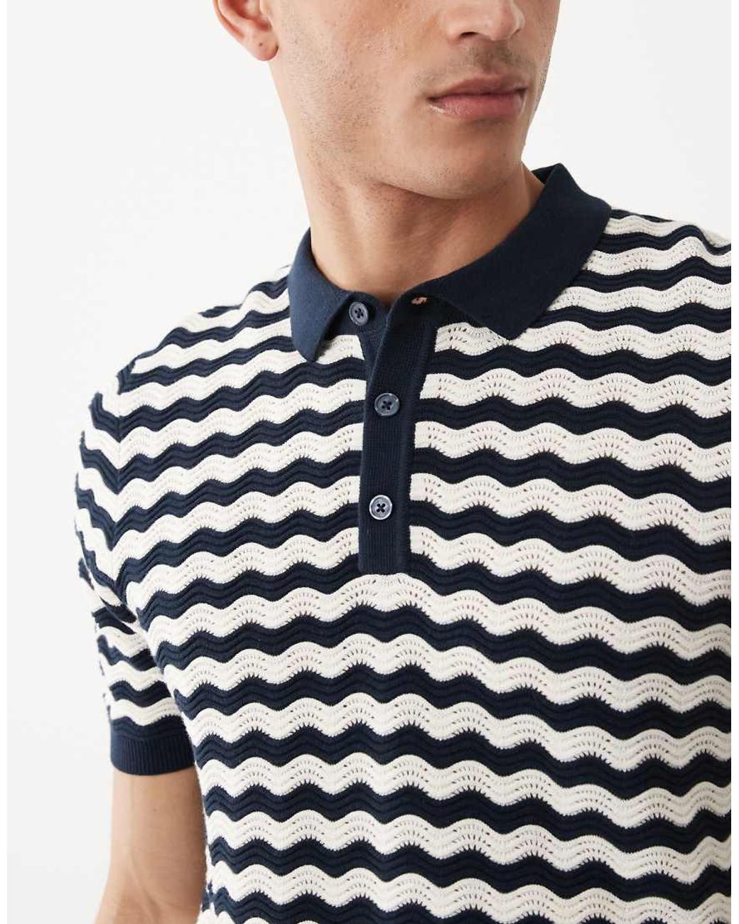 Threadbare Blue Short Sleeve Knitted Polo Top With Zig Zag Print for men