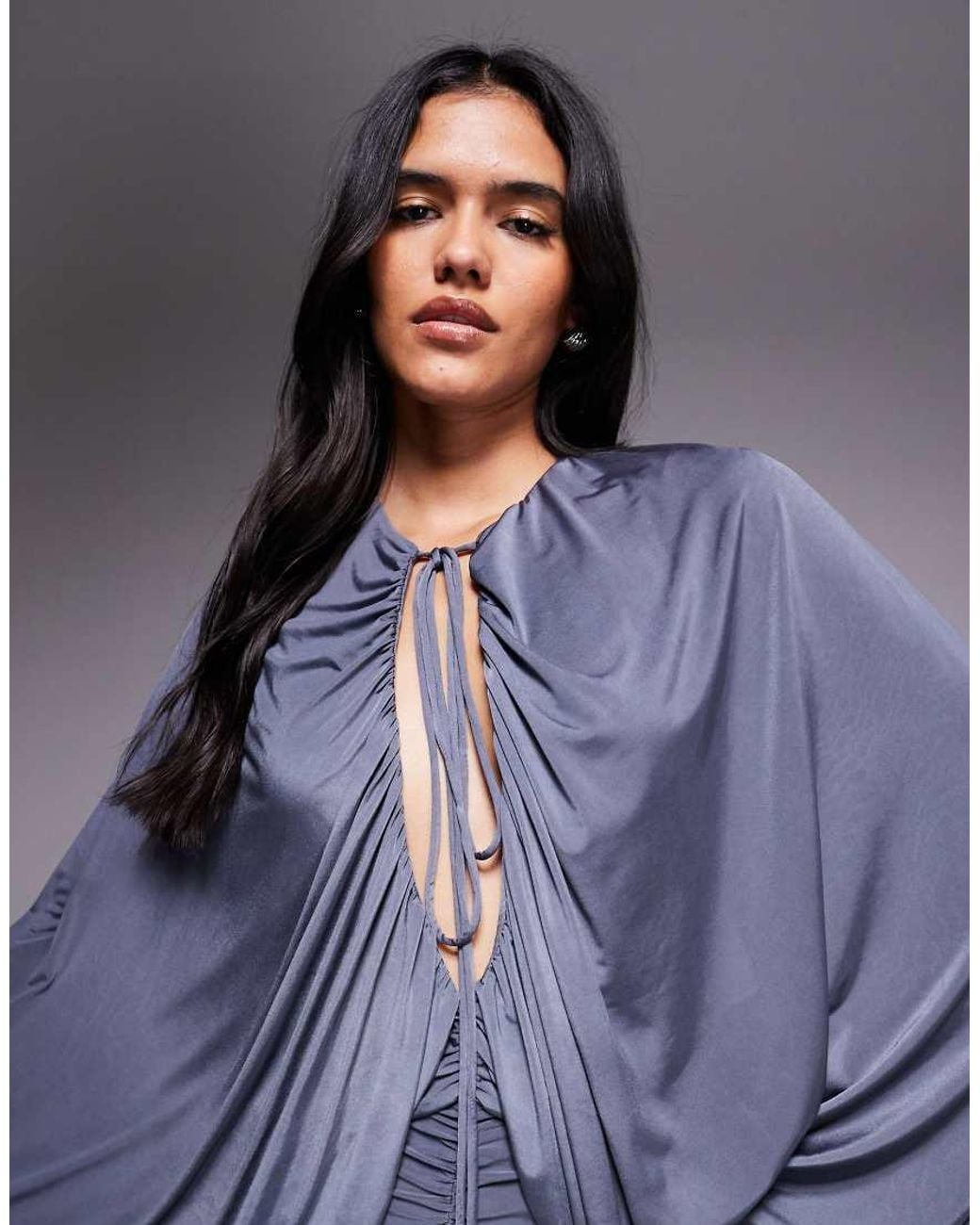 ASOS Blue Slinky Winged Sleeve Ruched Maxi Dress