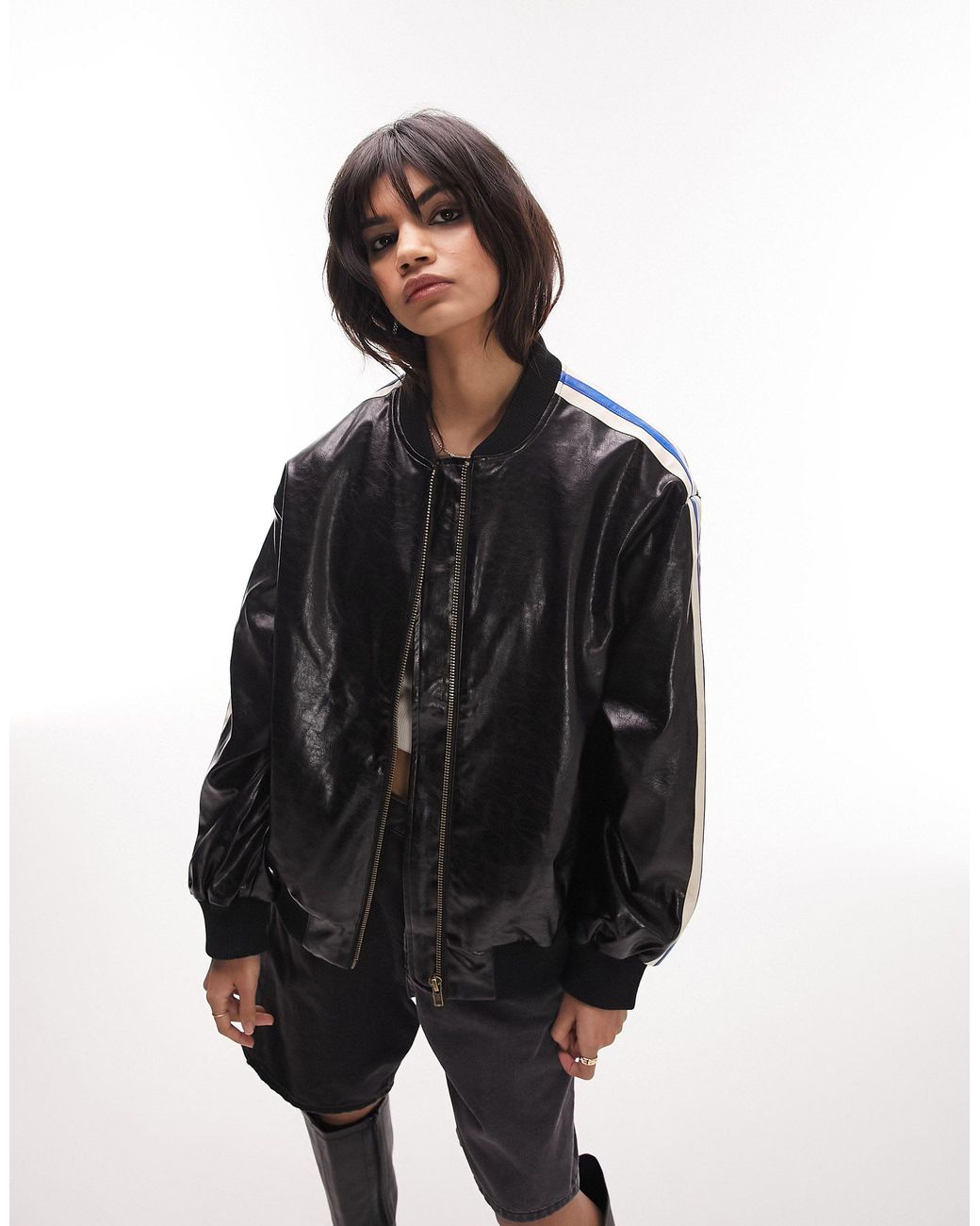 TOPSHOP Faux Leather Vintage Oversized Track Style Bomber Jacket in Black |  Lyst