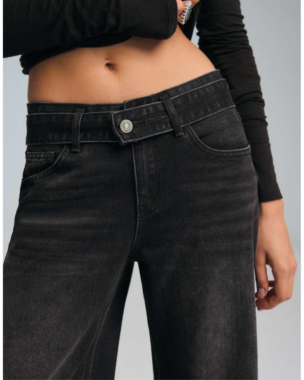 Stradivarius Black Double-waist Wide-leg Jeans