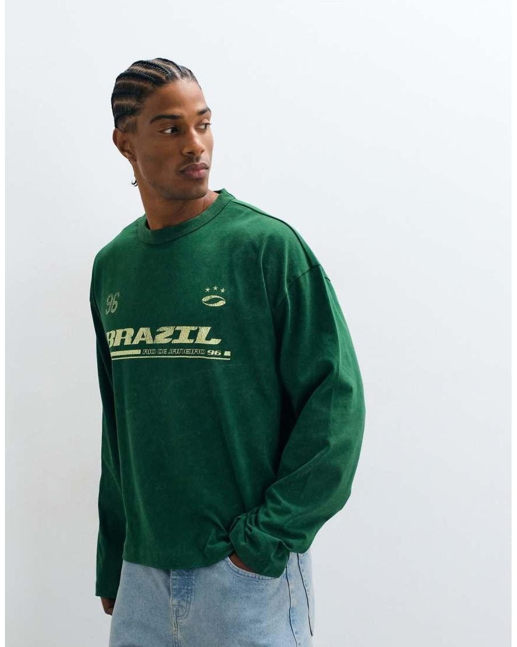 ASOS Green Boxy Oversized Long Sleeve T-Shirt With Brazil Graphic for men
