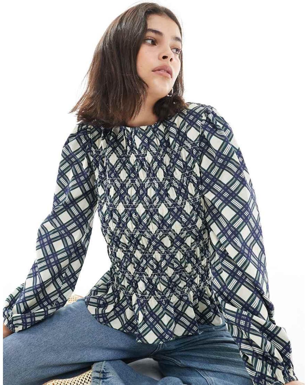 ASOS Blue Slash Neck Shirred Long Sleeve Top
