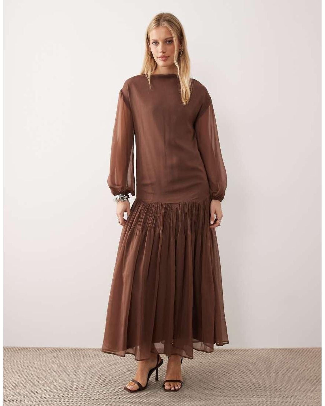 ASOS Brown Slash Neck Chiffon Godet Maxi Dress
