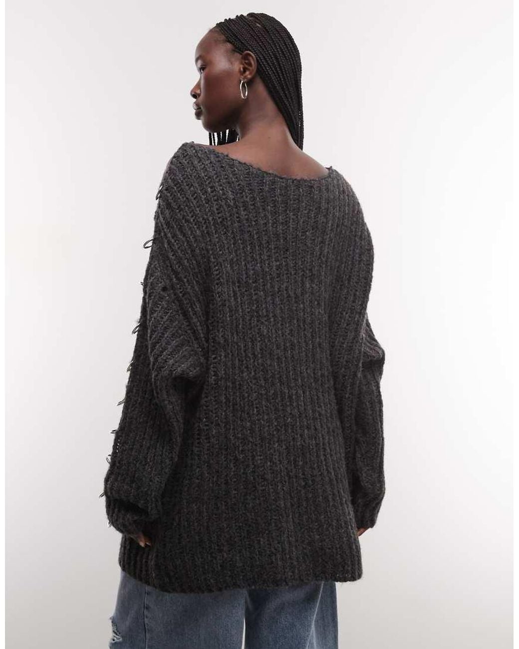 The Ragged Priest Gray Fluffy Oversized Knit Jumper With O Ring Detail