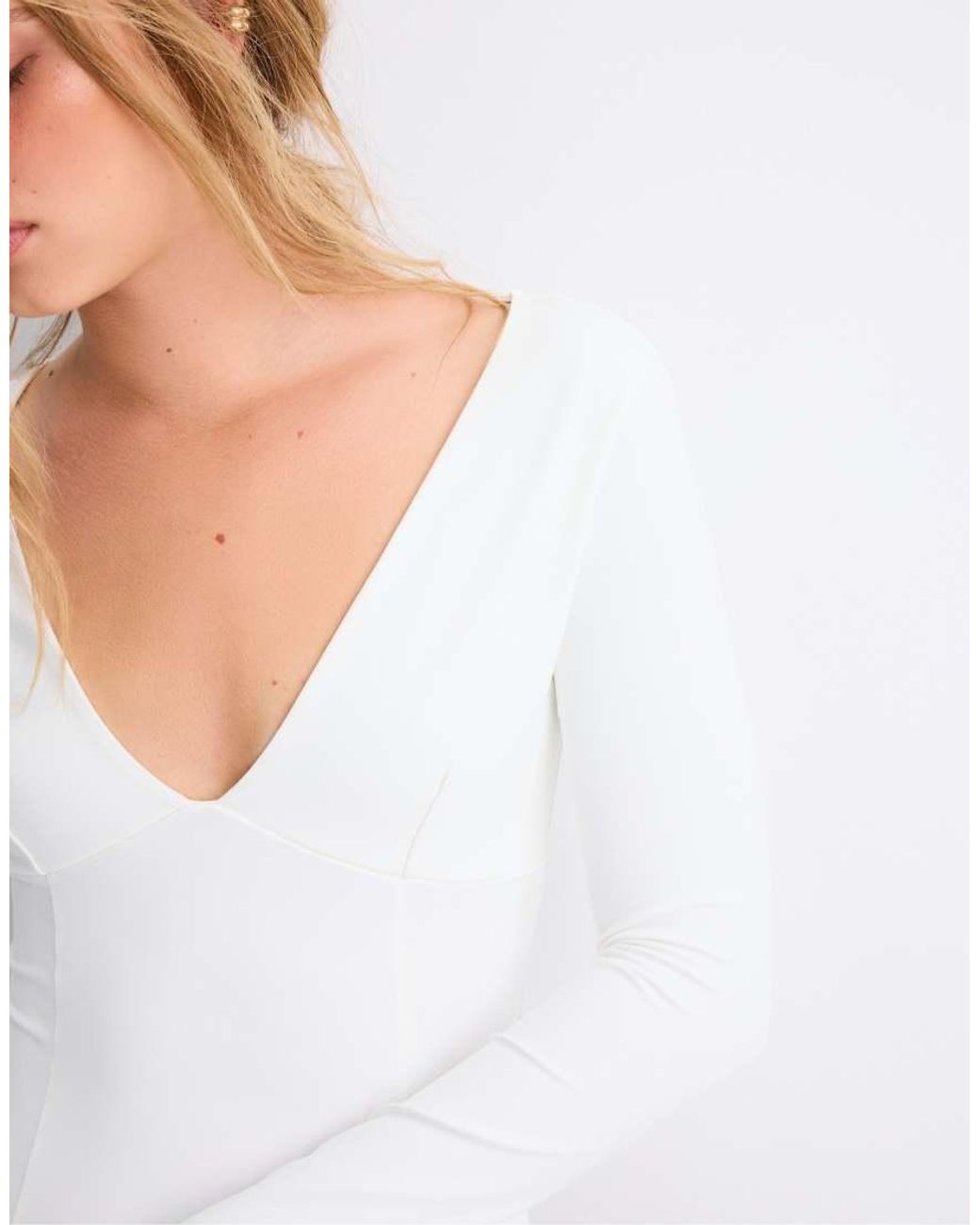 Stradivarius White V-neck Bodysuit With Under-bust Gathering