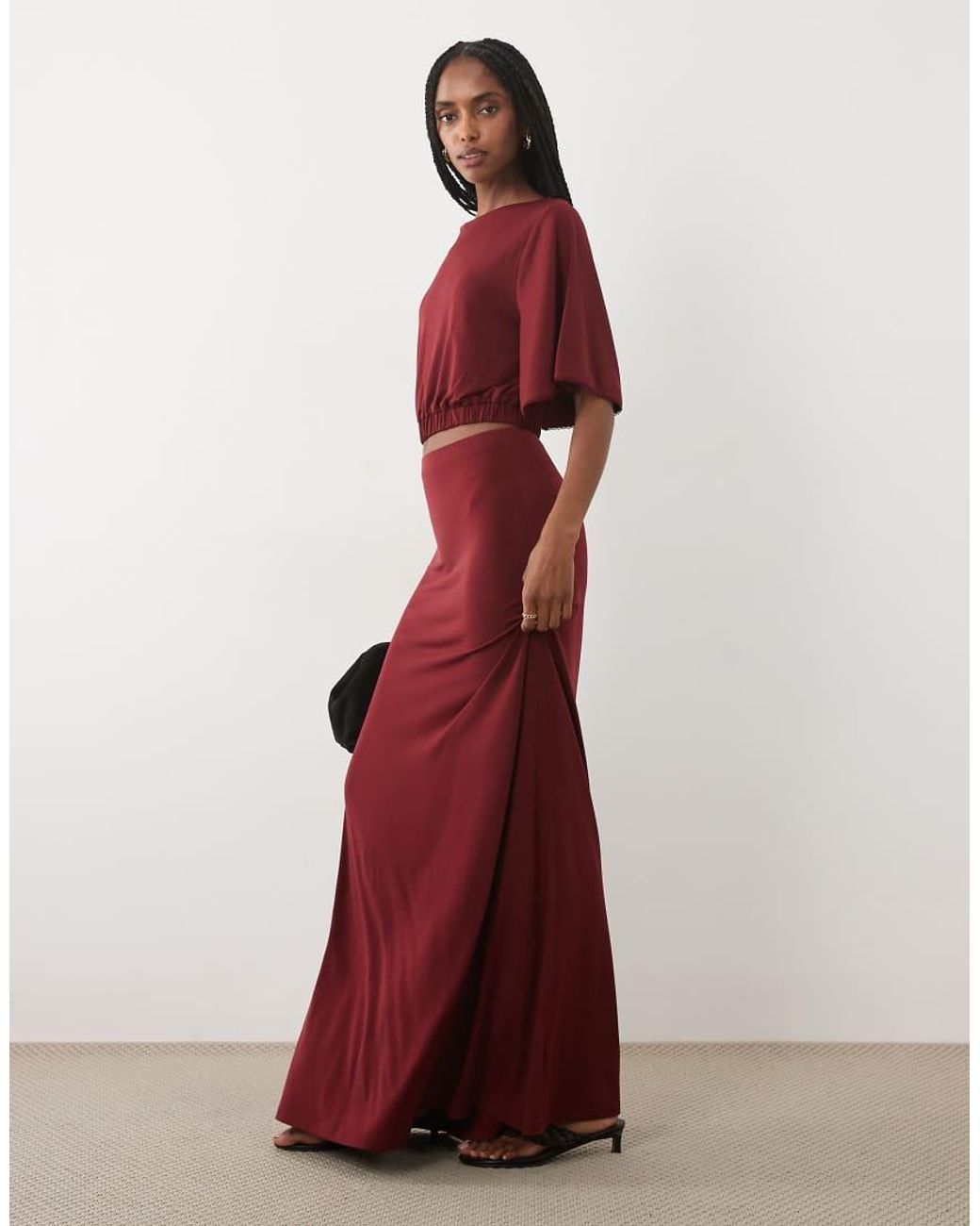 Miss Selfridge Red Batwing Sleeve Cropped Top With Gather Hem Co-ord