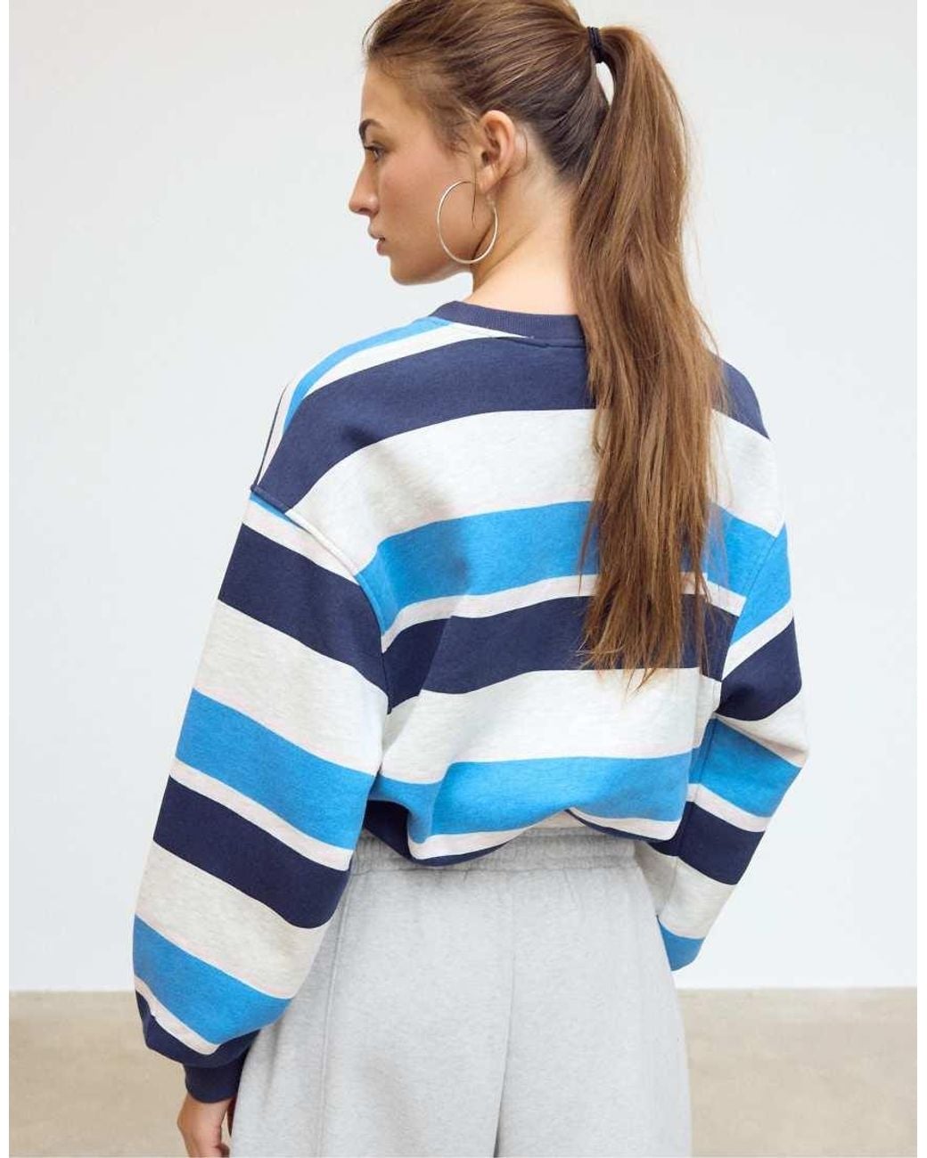 Stradivarius Blue Striped Puff-Hem Sweatshirt