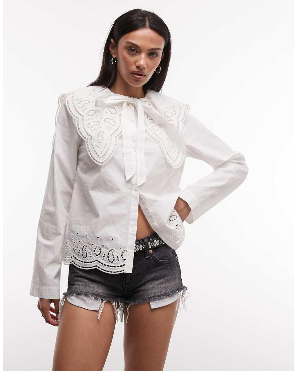 AllSaints White Marie Long Sleeve Broderie Lace Shirt