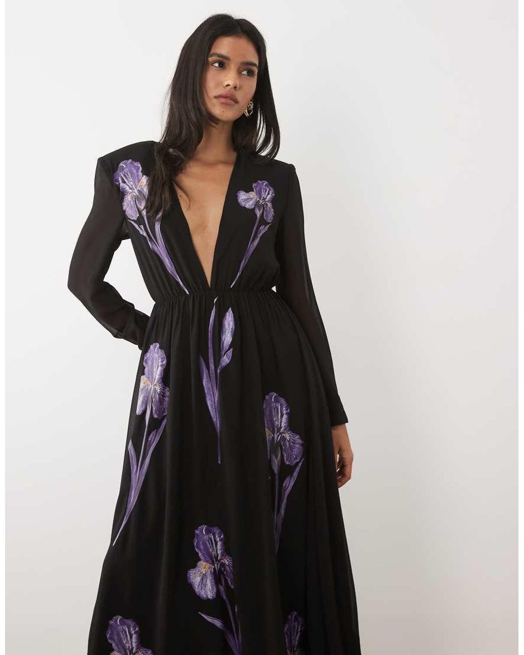 JW PEI Black Iris Floral Applique Plunging Long Sleeve Maxi Dress