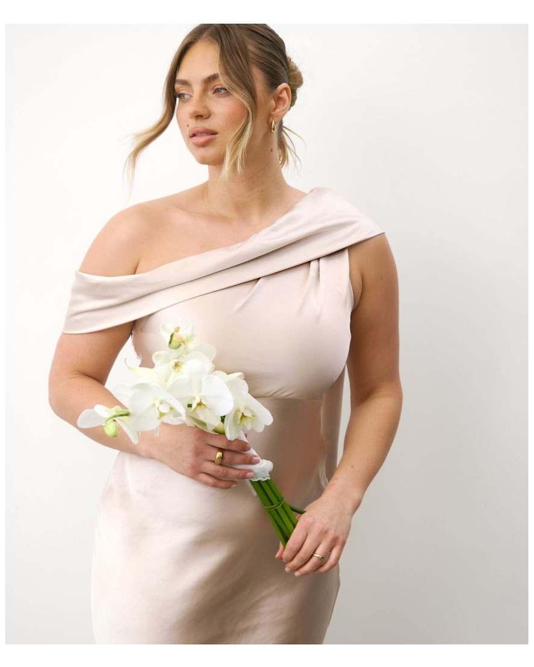 Six Stories White One Shoulder Drape Satin Bridesmaid Dress