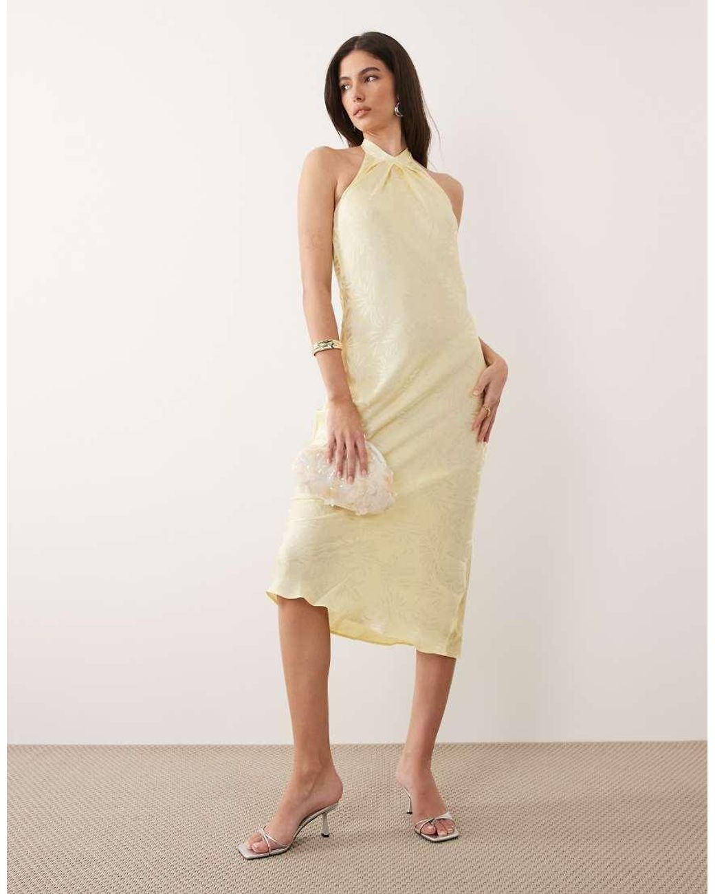New Look Natural Satin Palm Jacquard Halter Neck Maxi Dress