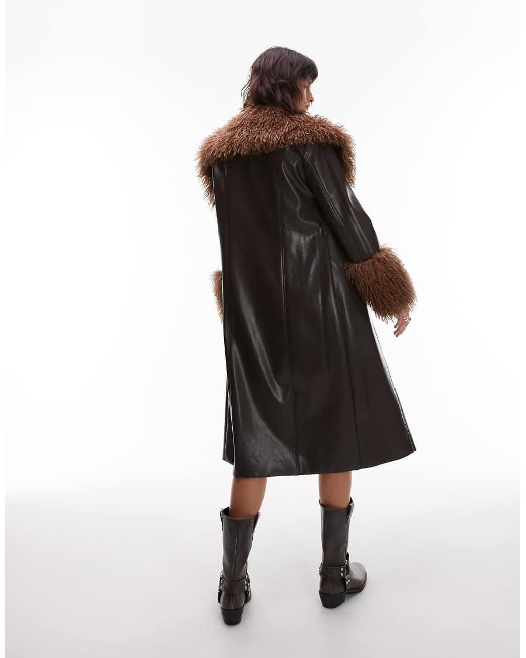 Nia Brown Orla Faux Fur Collared Longline Jacket