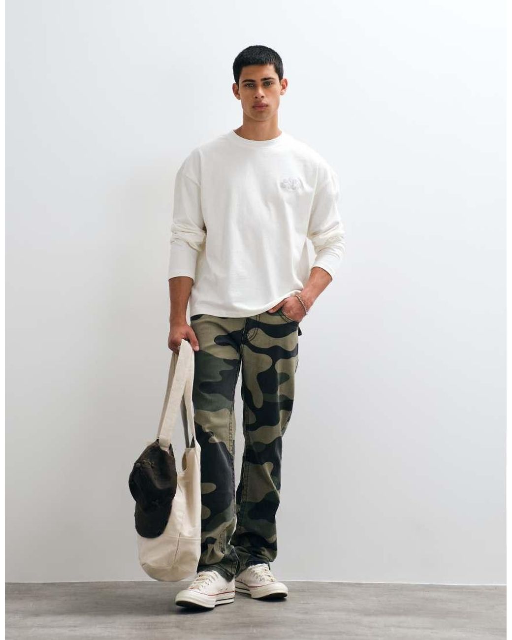 CERNUCCI Long Sleeve T-shirt With Chain Stitch Logo Back Print-white for men