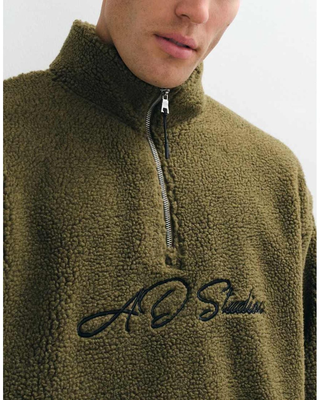ASOS Green Oversized Quarter Zip Borg Sweatshirt With Embroidery for men