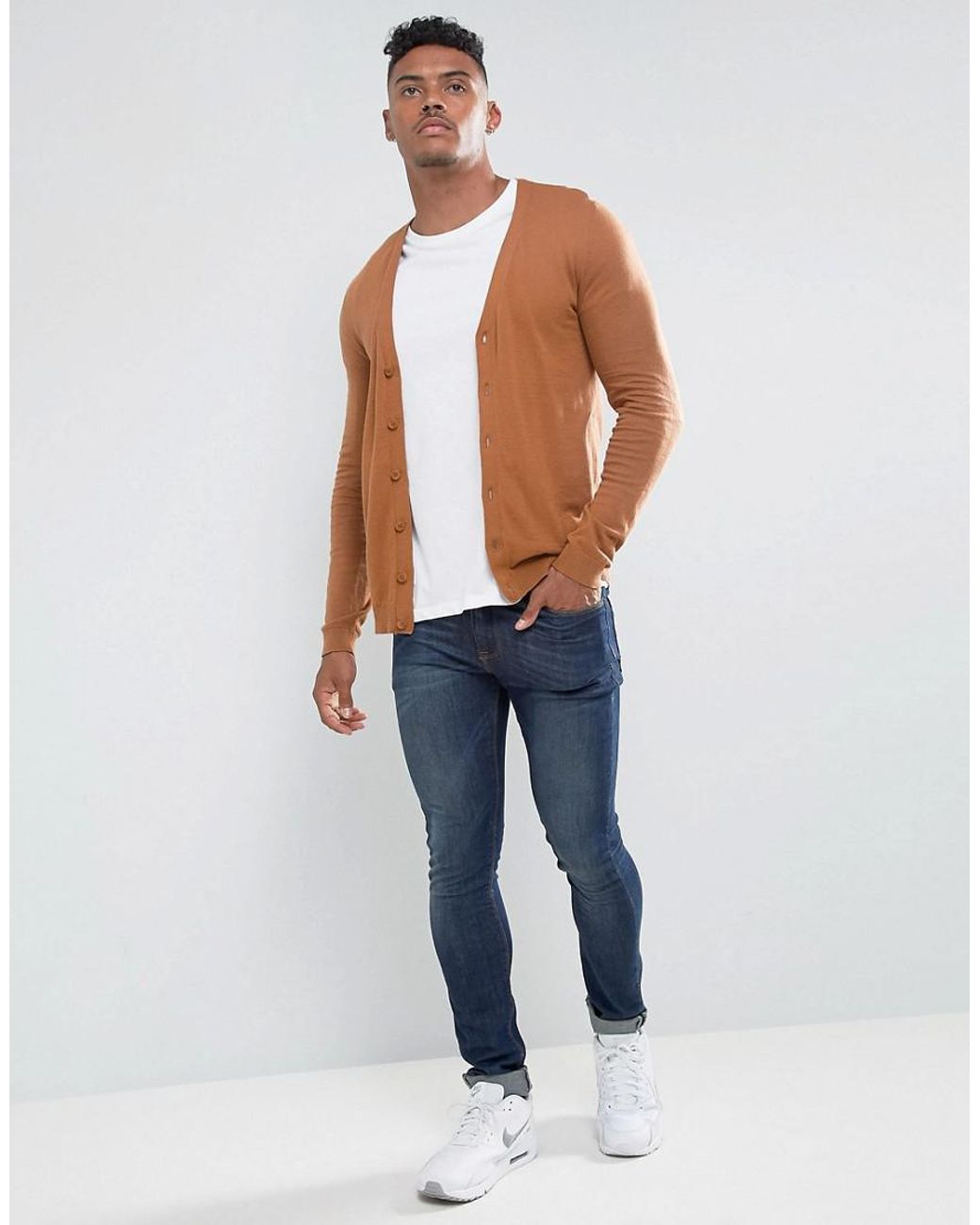 ASOS Cotton Muscle Fit Cardigan In Tan 