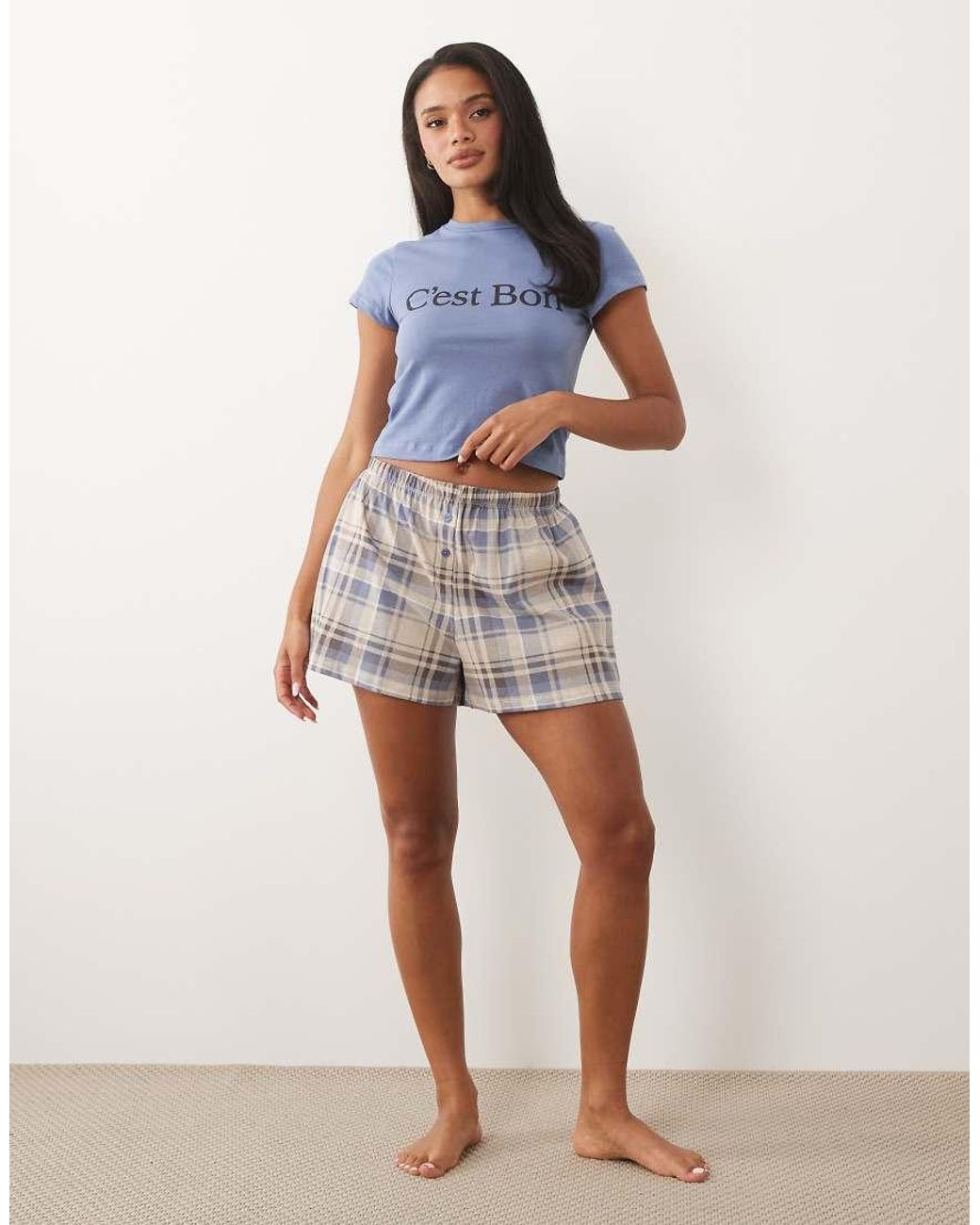ASOS Blue C'est Bon Baby Tee & Gingham Pajama Shorts Set